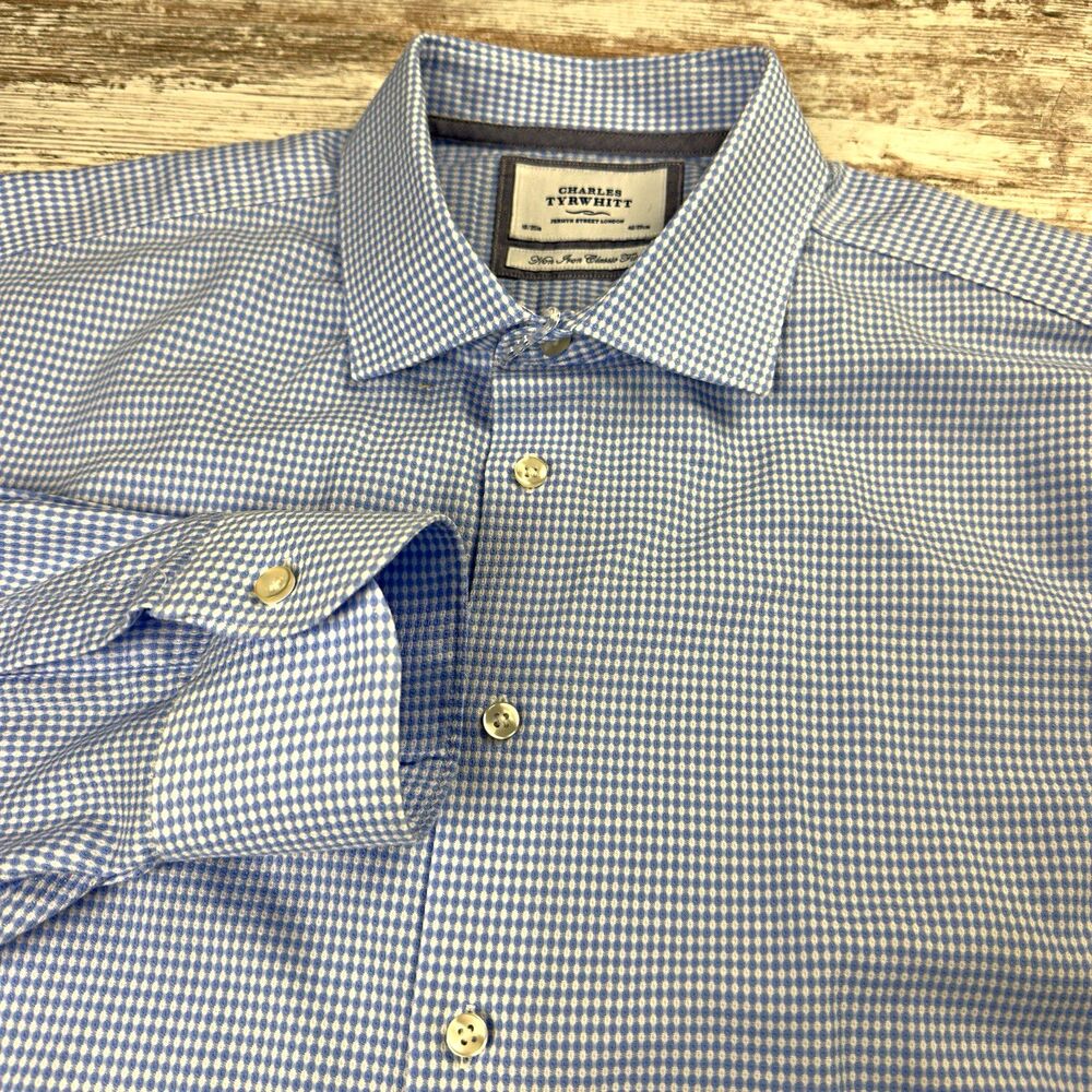 Charles Tyrwhitt Non-Iron Classic Fit Mens 18 35 Blue White Textured Dress Shirt